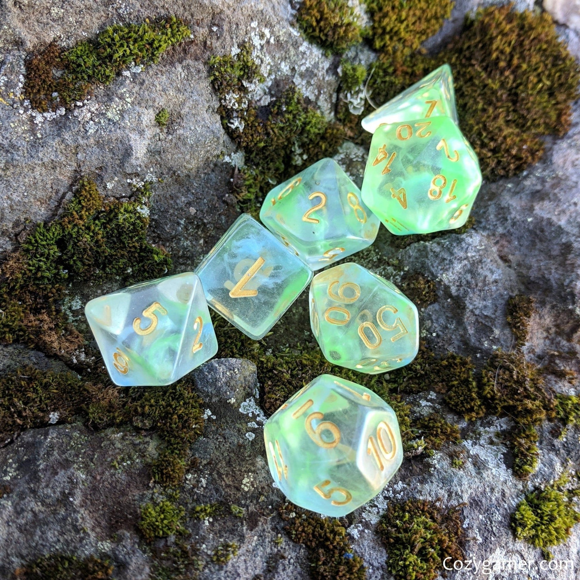 Water Serpent Dice Set – 7 - Piece Clear Emerald Azure Swirls Resin DnD Dice - Fennek and Finch