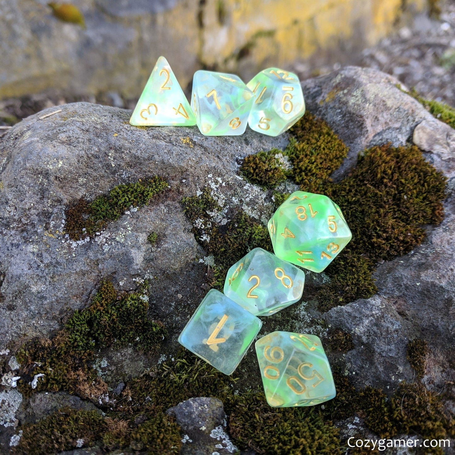 Water Serpent Dice Set – 7 - Piece Clear Emerald Azure Swirls Resin DnD Dice - Fennek and Finch