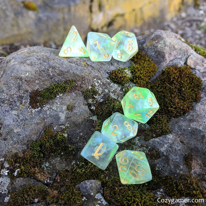 Water Serpent Dice Set – 7 - Piece Clear Emerald Azure Swirls Resin DnD Dice - Fennek and Finch