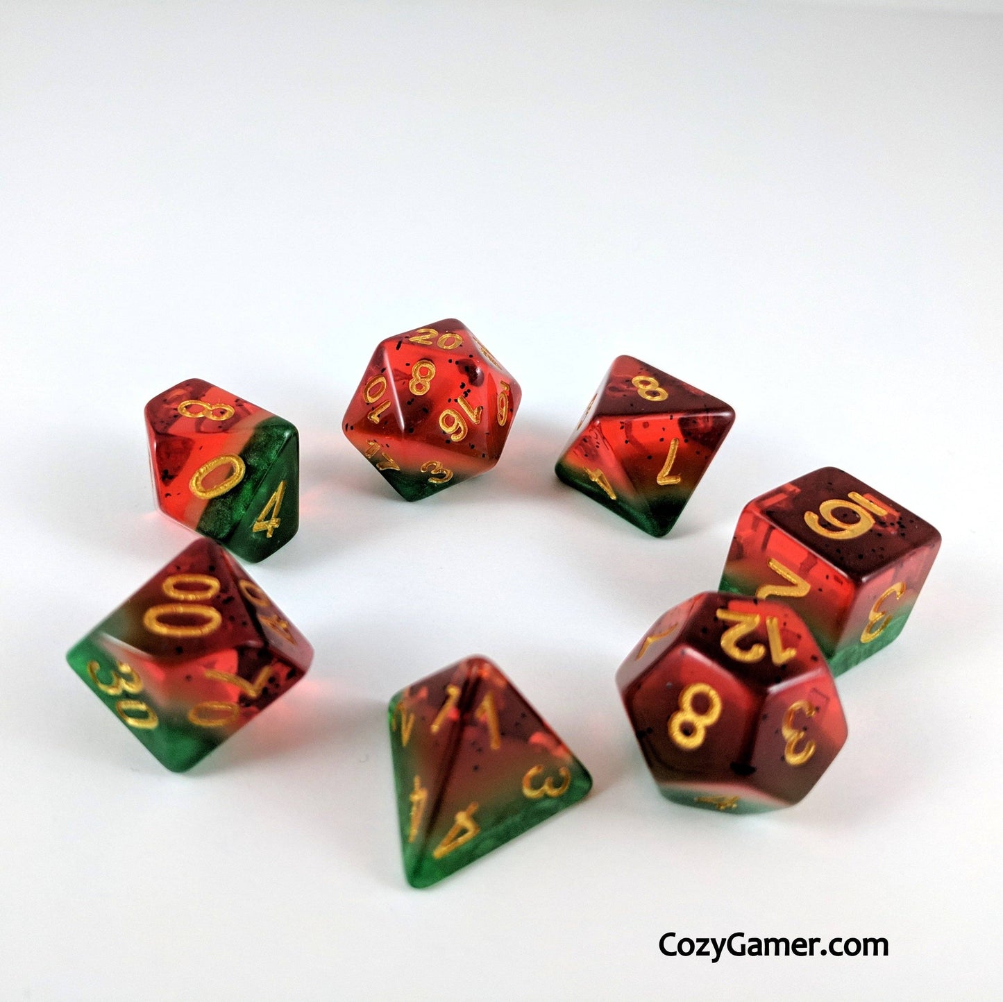 Watermelon DnD Dice Set with vibrant red, white, and green colors, perfect for tabletop RPG games like Dungeons and Dragons.