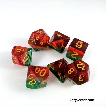 Watermelon-themed polyhedral dice set in red, white, and green for tabletop RPGs like Dungeons and Dragons