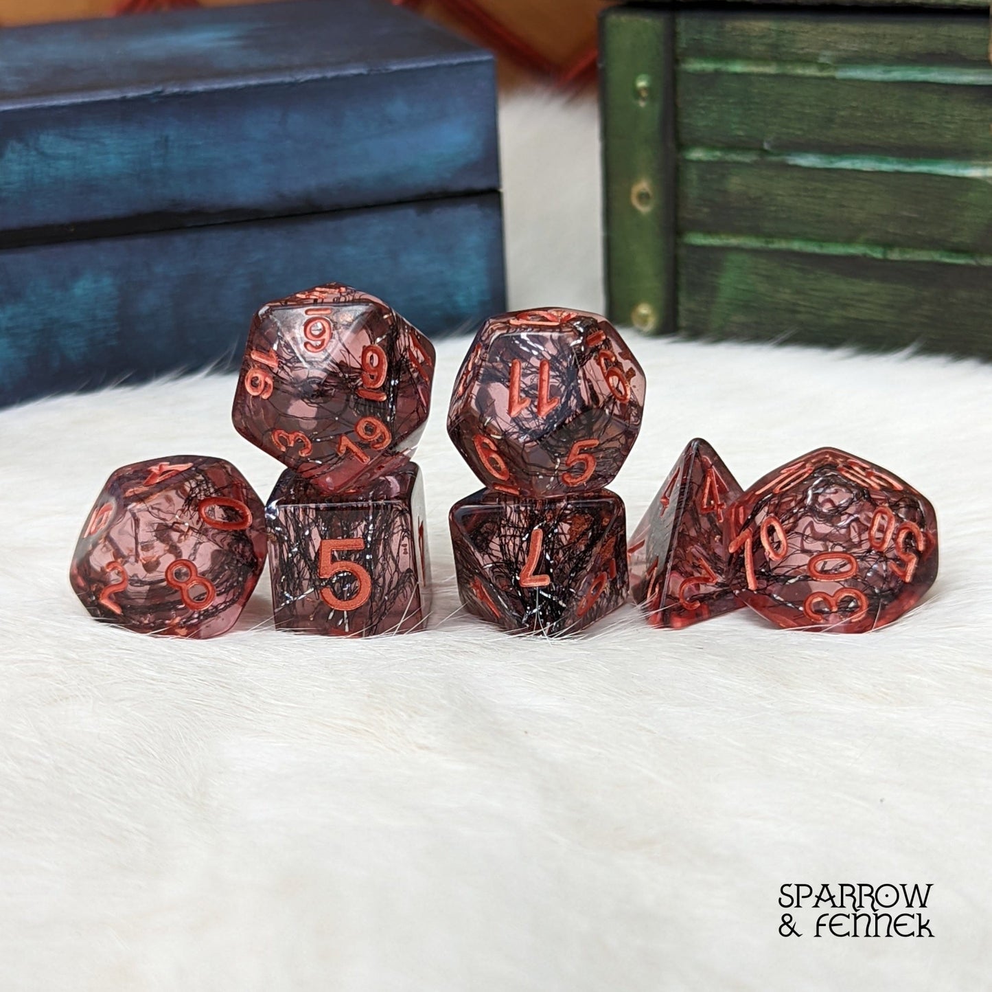 Weaver Dice Set – 7 - Piece Pink Rose with Black Thread & Copper | Fennek & Finch - Fennek and Finch