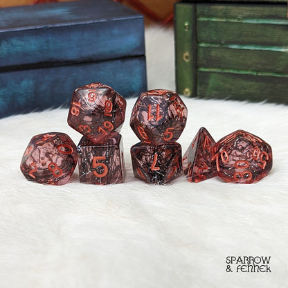 Weaver Dice Set – 7 - Piece Pink Rose with Black Thread & Copper | Fennek & Finch - Fennek and Finch