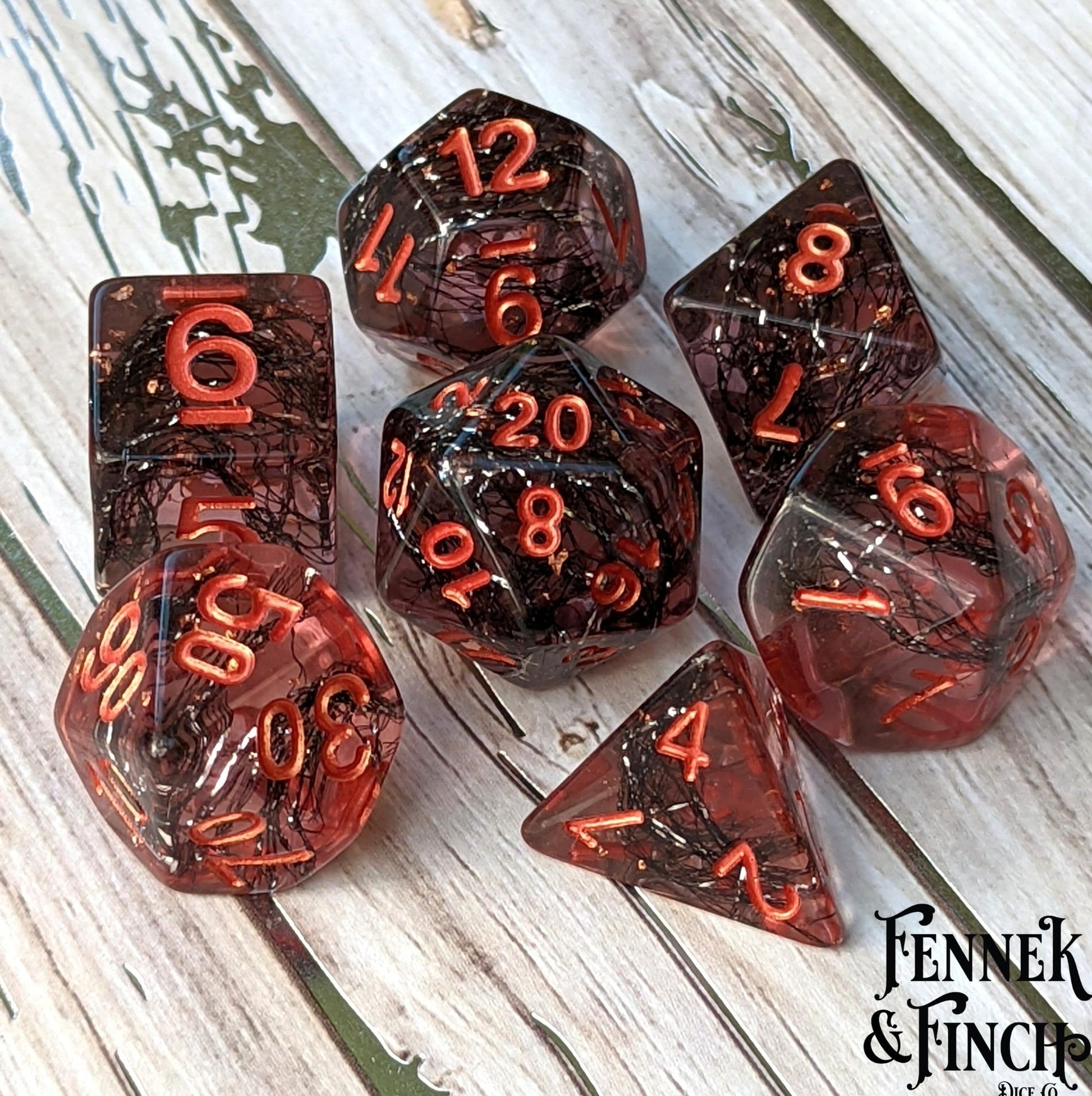 Weaver Dice Set – 7 - Piece Pink Rose with Black Thread & Copper | Fennek & Finch - Fennek and Finch