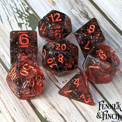 Weaver Dice Set – 7 - Piece Pink Rose with Black Thread & Copper | Fennek & Finch - Fennek and Finch