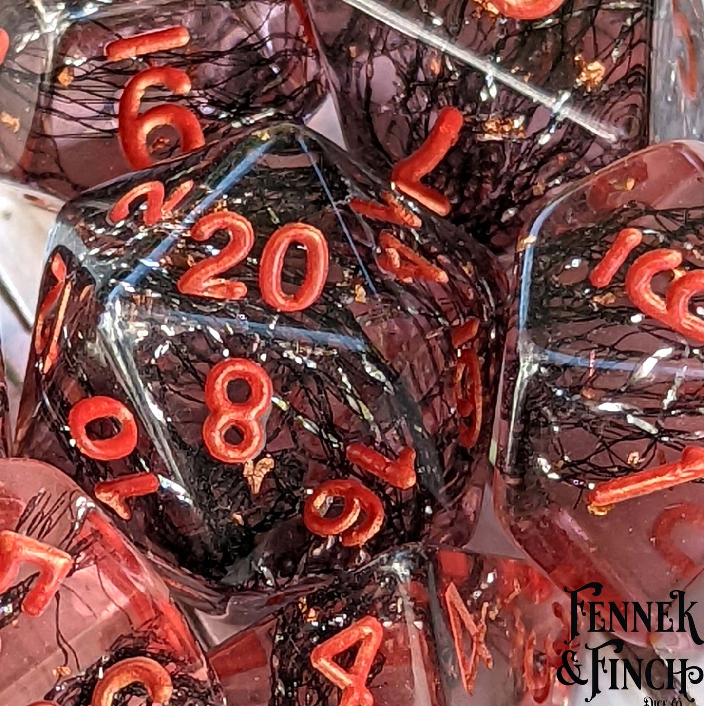 Weaver Dice Set – 7 - Piece Pink Rose with Black Thread & Copper | Fennek & Finch - Fennek and Finch