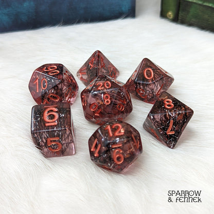 Weaver Dice Set – 7 - Piece Pink Rose with Black Thread & Copper | Fennek & Finch - Fennek and Finch