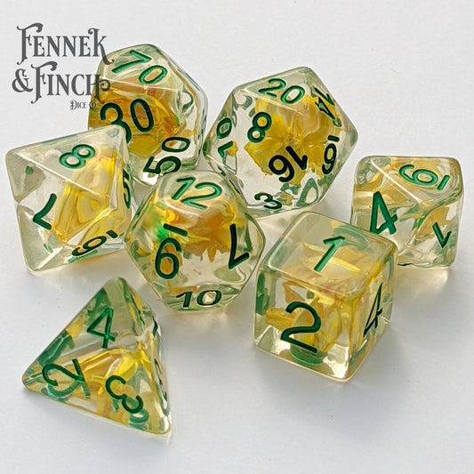 Wheat Dice Set Green Font – 7 - Piece Real Wheat Grain Harvest DnD Dice - Fennek and Finch