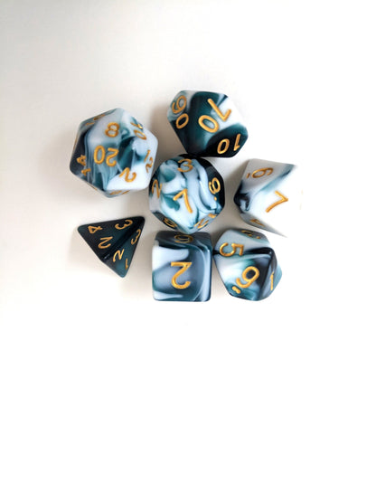Whirlpool Blue and White Dice Set, Marbled 7 Piece D&D Dice Set - CozyGamer