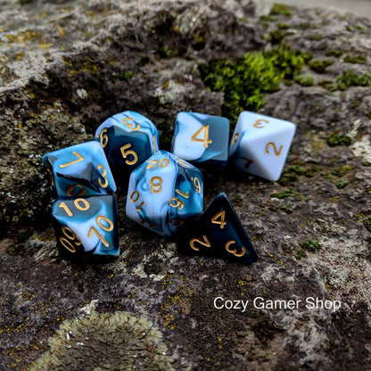 Whirlpool Blue and White Dice Set, Marbled 7 Piece D&D Dice Set - CozyGamer