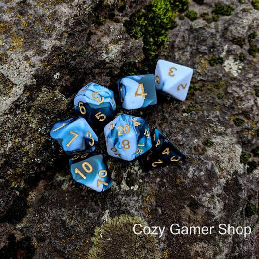 Whirlpool Dice Set – 7 - Piece Blue White Marbled Ocean Waves Polyhedral DnD - Fennek and Finch