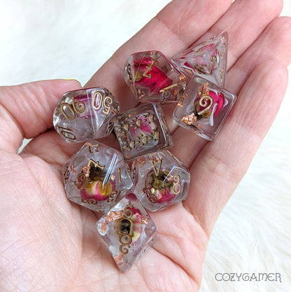 Whispering Rose Dice Set – 8 - Piece with Real Dried Roses | Fennek & Finch - Fennek and Finch