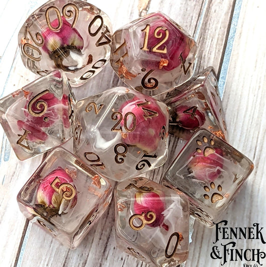 Whispering Rose Dice Set – 8 - Piece with Real Dried Roses | Fennek & Finch - Fennek and Finch