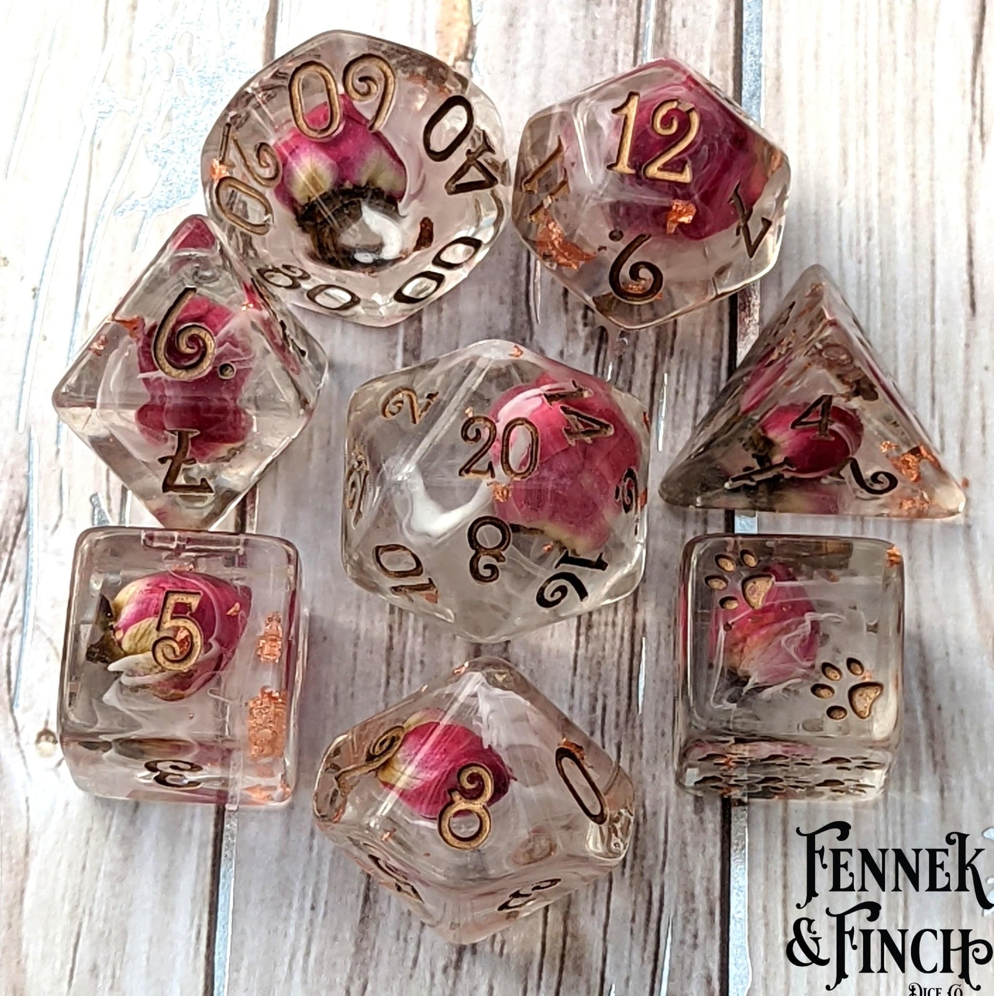 Whispering Rose Dice Set – 8 - Piece with Real Dried Roses | Fennek & Finch - Fennek and Finch