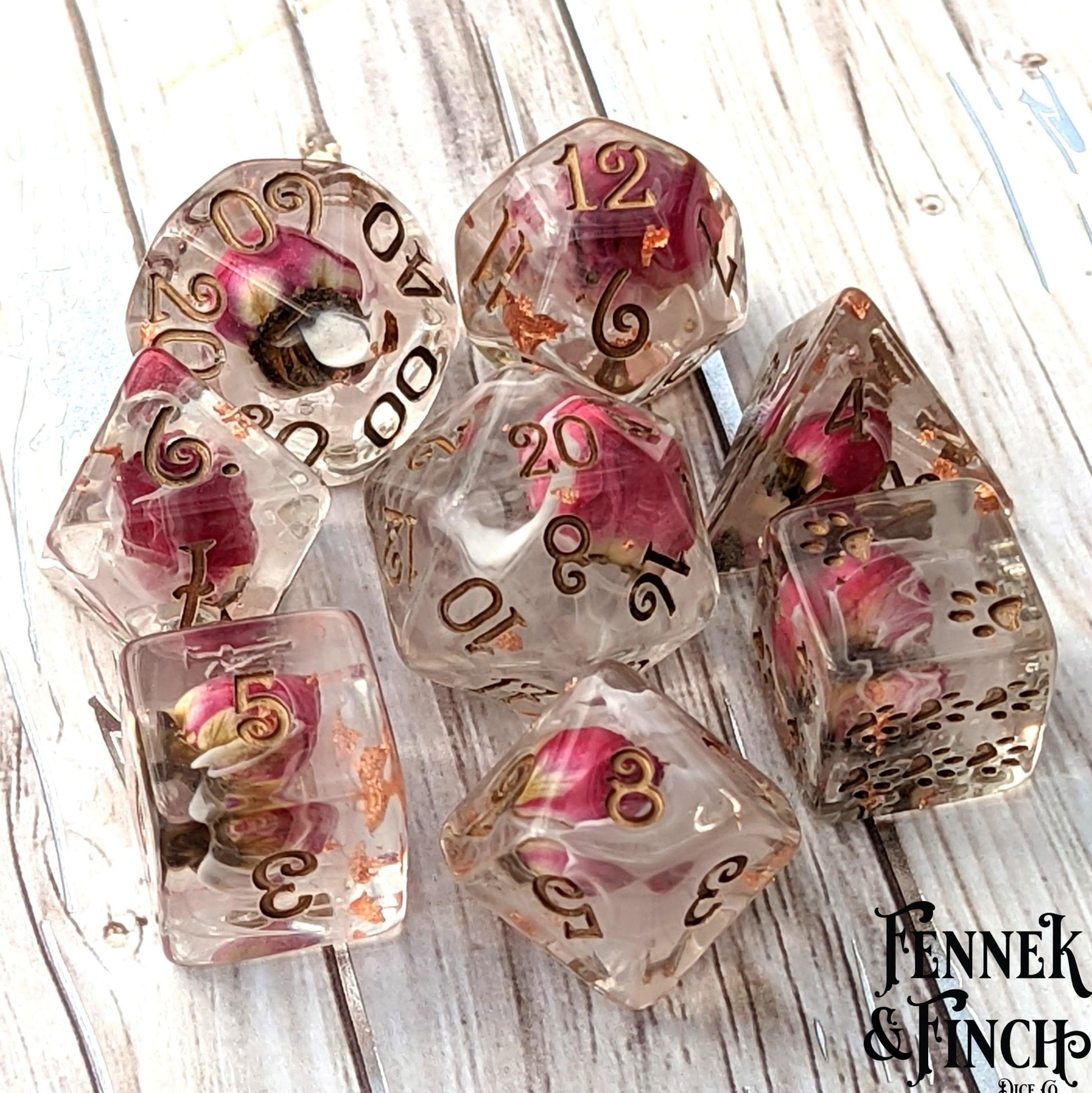 Whispering Rose Dice Set – 8 - Piece with Real Dried Roses | Fennek & Finch - Fennek and Finch