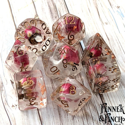 Whispering Rose Dice Set – 8 - Piece with Real Dried Roses | Fennek & Finch - Fennek and Finch