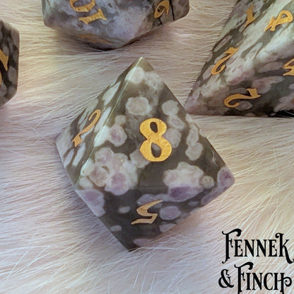 White and Green Jasper Dice Set – 7 - Piece Real Gemstone DnD Dice | Fennek & Finch - Fennek and Finch
