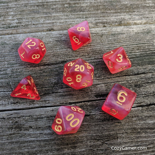 White Blood Cells Dice Set – 7-Piece Red White Semi-Translucent Acrylic DnD Dice sets Fennek and Finch