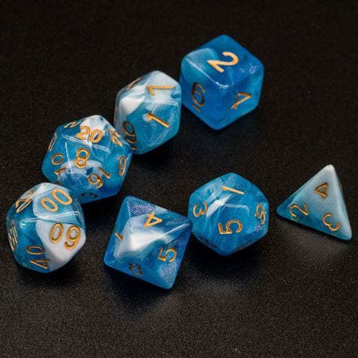 White Blue Will O Wisp Dice Set – 7-Piece Ghostly Light DnD Dice Dice Sets & Games Fennek and Finch