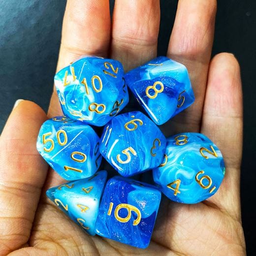 White Blue Will O Wisp Dice Set – 7-Piece Ghostly Light DnD Dice Dice Sets & Games Fennek and Finch
