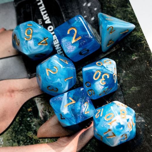 White Blue Will O Wisp Dice Set – 7-Piece Ghostly Light DnD Dice Dice Sets & Games Fennek and Finch