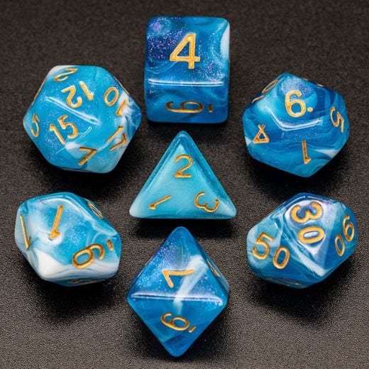 White Blue Will O Wisp Dice Set – 7-Piece Ghostly Light DnD Dice Dice Sets & Games Fennek and Finch