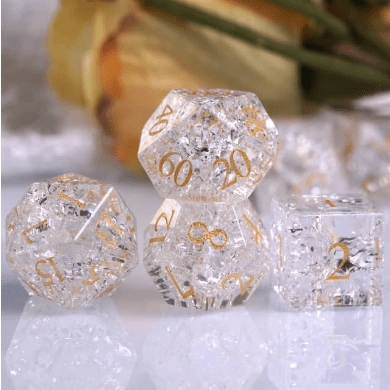 White Crackled Glass Dice Set – 7 - Piece Real Gemstone DnD Dice - Fennek and Finch