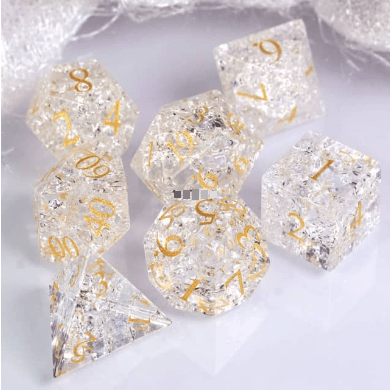 White Crackled Glass Dice Set – 7 - Piece Real Gemstone DnD Dice - Fennek and Finch