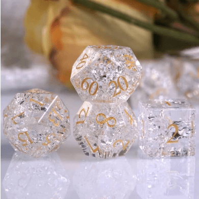 White Crackled Glass Dice Set. Real Gemstone (Glass) 7 Piece TTRPG Dice