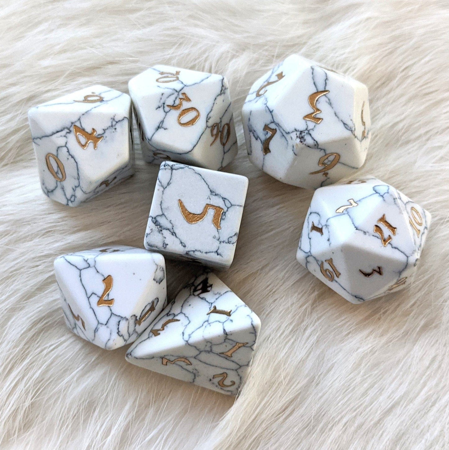 White Howlite Dice Set. Real Gemstone 7 Piece TTRPG Dice Dice sets Fennek and Finch
