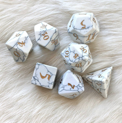 White Howlite Dice Set. Real Gemstone 7 Piece TTRPG Dice Dice sets Fennek and Finch