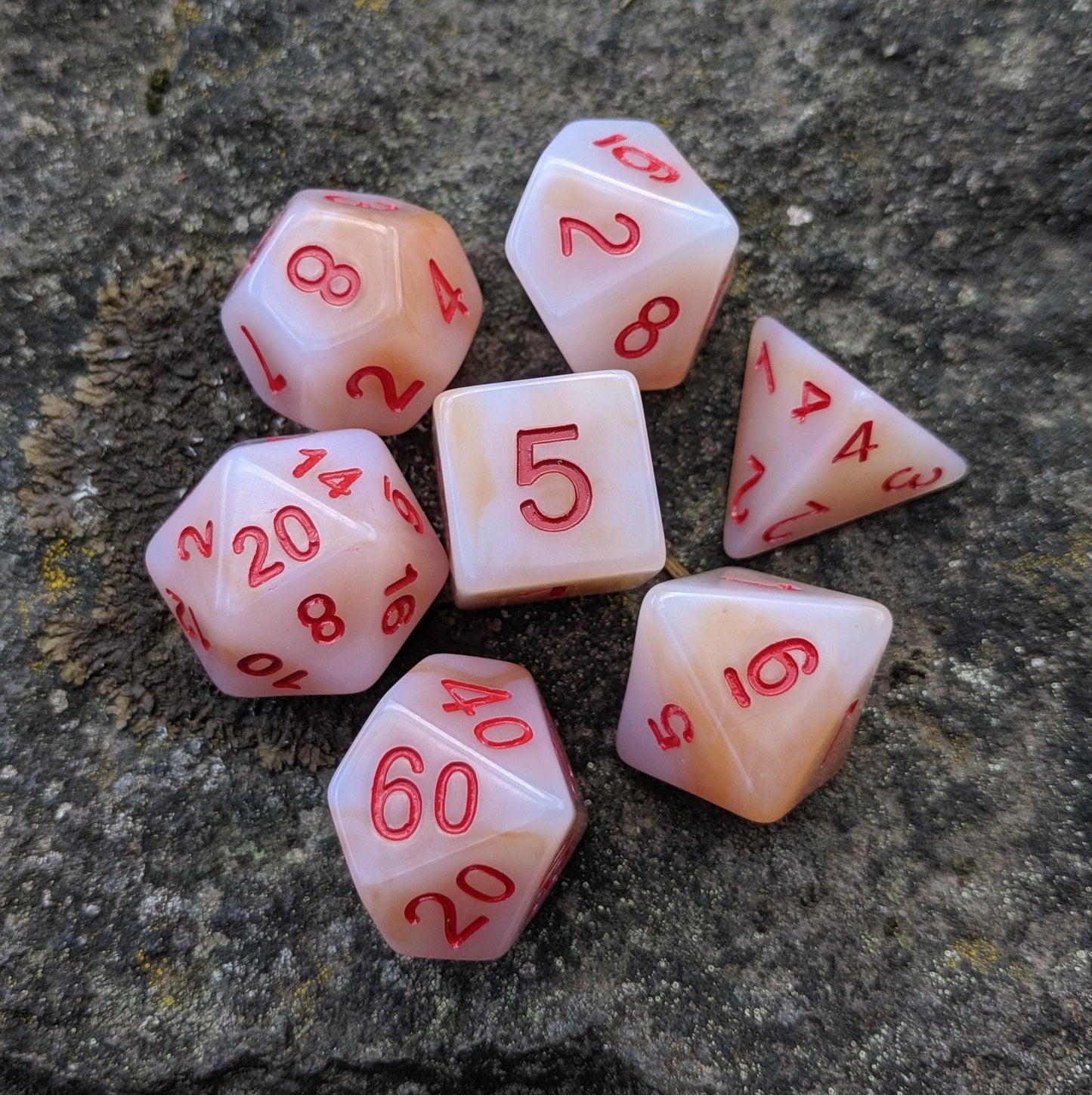 White Jade Dice Set – 7 - Piece Semi - Translucent Cloudy White Red Ink DnD Dice - Fennek and Finch