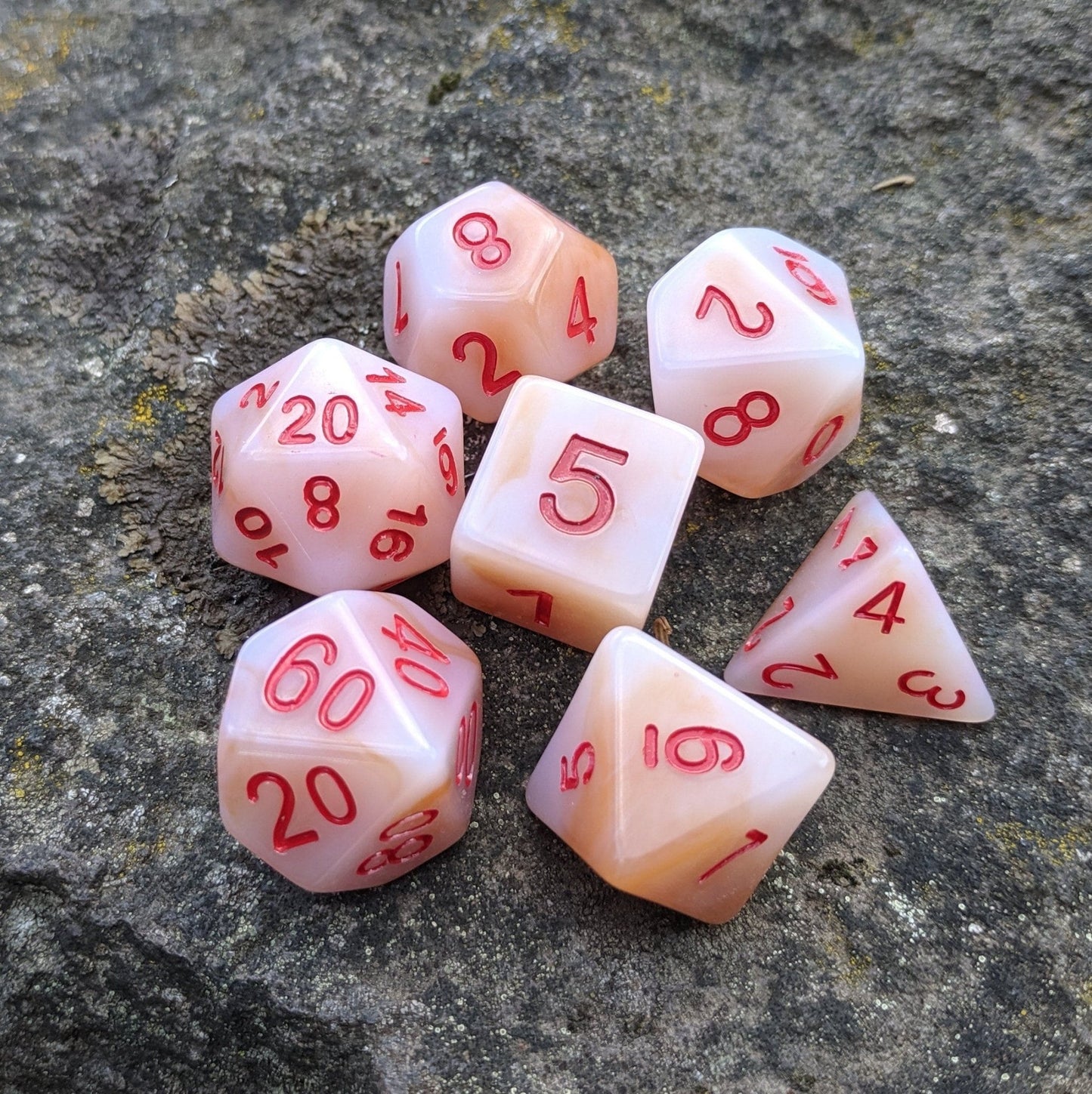 White Jade Dice Set – 7 - Piece Semi - Translucent Cloudy White Red Ink DnD Dice - Fennek and Finch