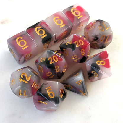 11 Piece Dice Set. White, Red, and Black. - CozyGamer
