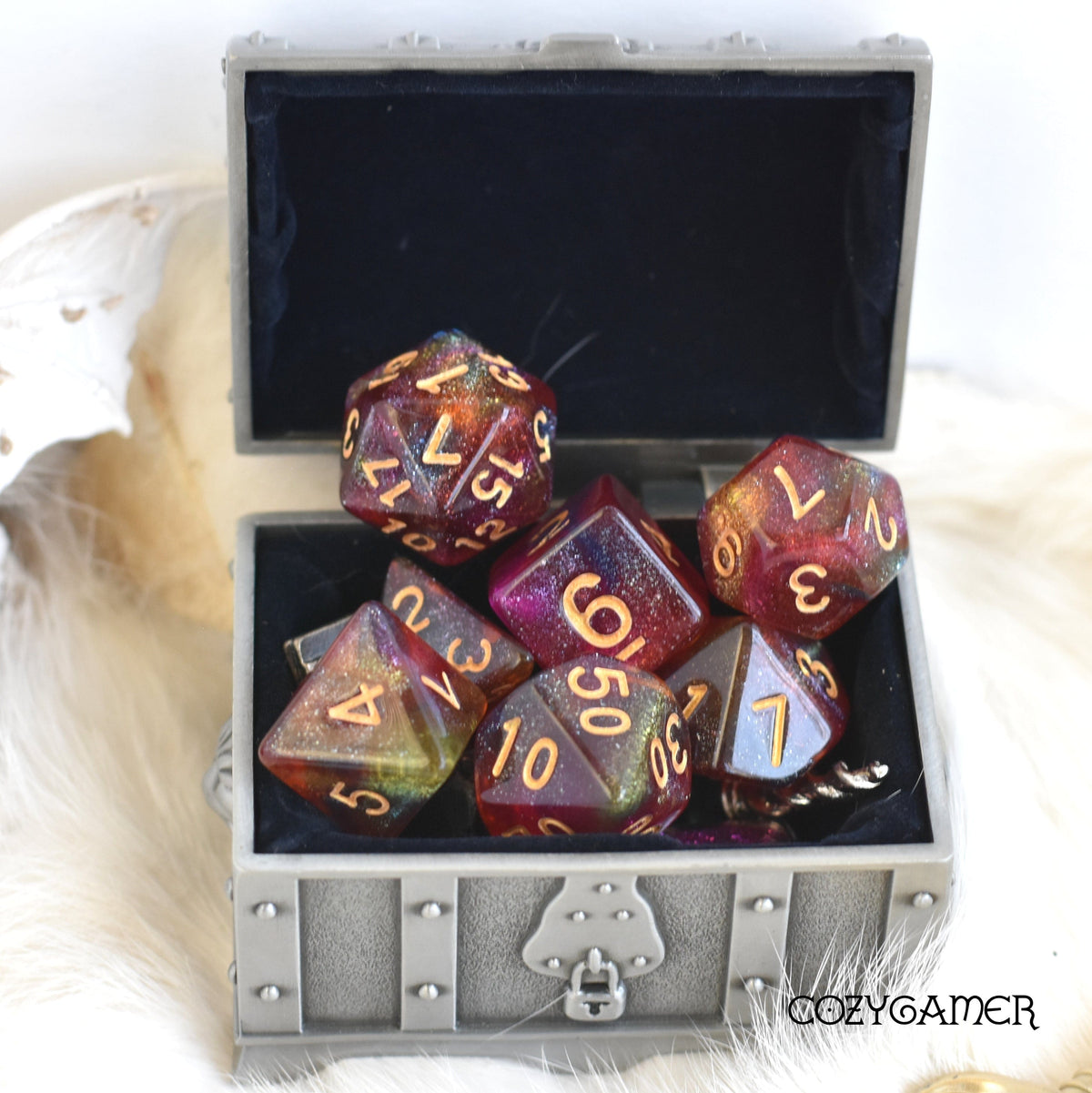 Wild Rose Will O Wisp Dice Set. Glitter TTRPG Dice Dice Sets & Games Fennek and Finch