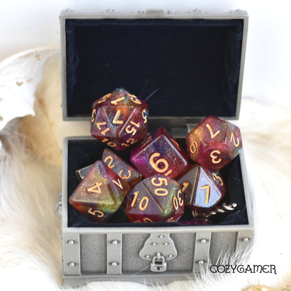 Wild Rose Will O Wisp Dice Set. Glitter TTRPG Dice Dice Sets & Games Fennek and Finch