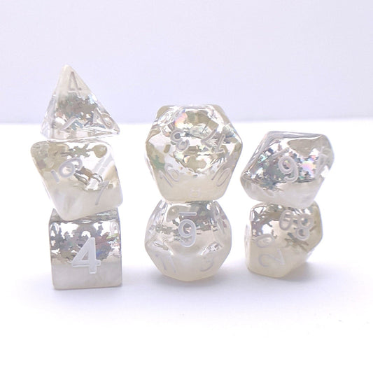 Winter Dice Set – 7 - Piece Translucent Pearly White Holographic Snowflake Glitter - Fennek and Finch