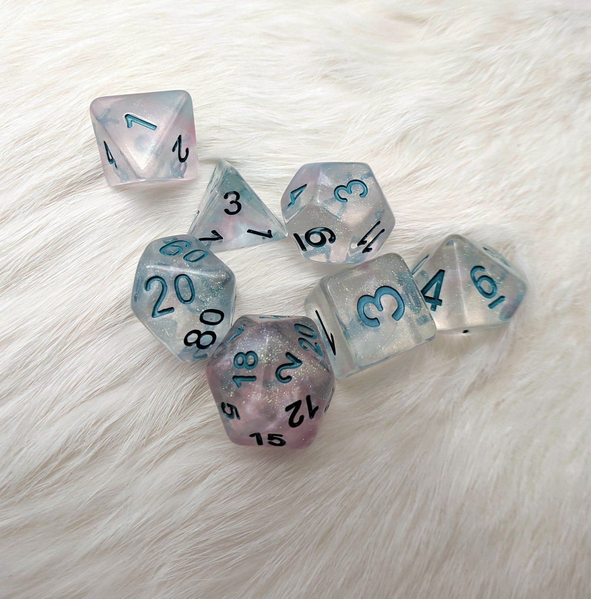 Winter Walker Dice Set – 7 - Piece Micro Glitter Pink Shimmer Blue Font Resin DnD - Fennek and Finch