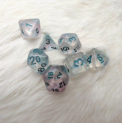 Winter Walker Dice Set – 7 - Piece Micro Glitter Pink Shimmer Blue Font Resin DnD - Fennek and Finch