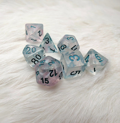 Winter Walker Dice Set – 7 - Piece Micro Glitter Pink Shimmer Blue Font Resin DnD - Fennek and Finch