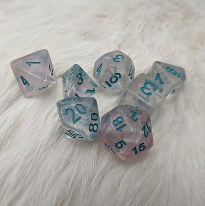Winter Walker Dice Set – 7 - Piece Micro Glitter Pink Shimmer Blue Font Resin DnD - Fennek and Finch