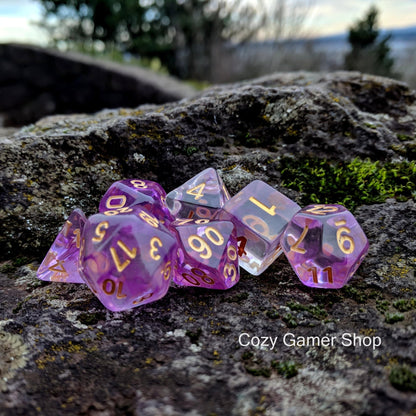 Witch Blood Dice Set – 7-Piece Clear Purple Ink Swirls Polyhedral DnD Dice Dice sets Fennek and Finch