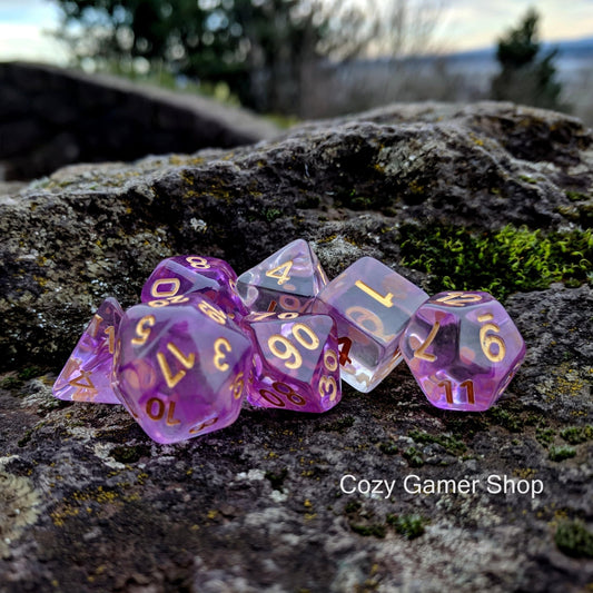 Witch Blood Dice Set – 7-Piece Clear Purple Ink Swirls Polyhedral DnD Dice Dice sets Fennek and Finch