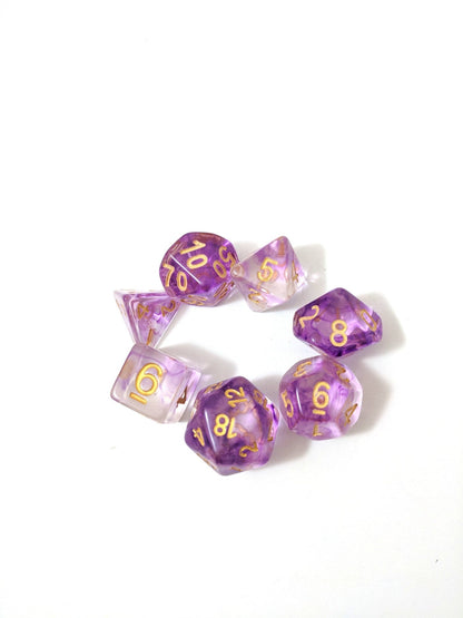 Witch Blood Dice Set – 7-Piece Clear Purple Ink Swirls Polyhedral DnD Dice Dice sets Fennek and Finch