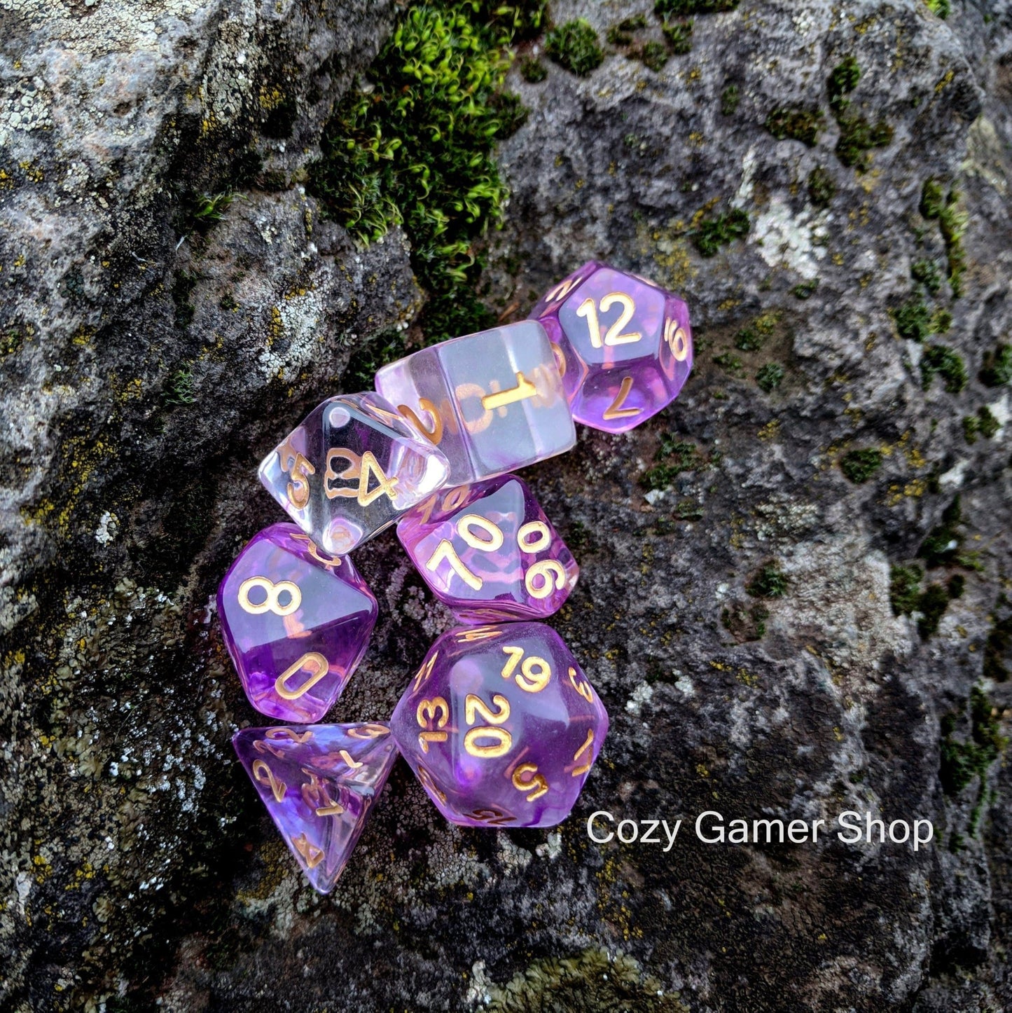 Witch Blood Dice Set – 7-Piece Clear Purple Ink Swirls Polyhedral DnD Dice Dice sets Fennek and Finch