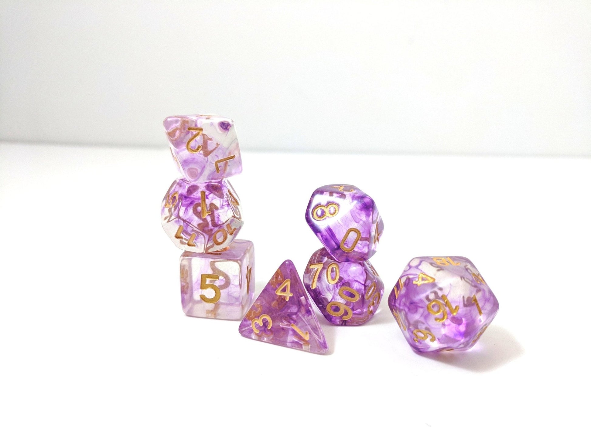 Witch Blood Dice Set – 7-Piece Clear Purple Ink Swirls Polyhedral DnD Dice Dice sets Fennek and Finch