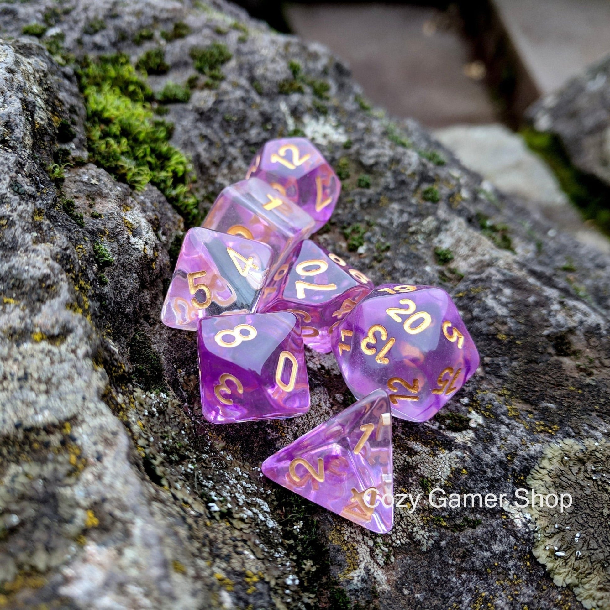 Witch Blood Dice Set – 7-Piece Clear Purple Ink Swirls Polyhedral DnD Dice Dice sets Fennek and Finch