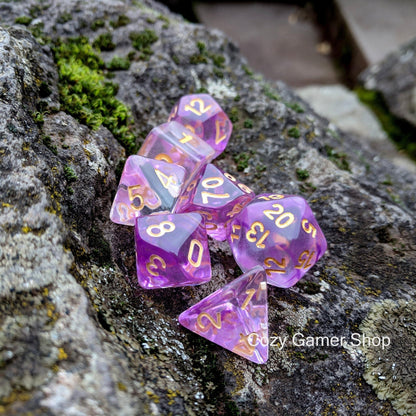 Witch Blood Dice Set – 7-Piece Clear Purple Ink Swirls Polyhedral DnD Dice Dice sets Fennek and Finch