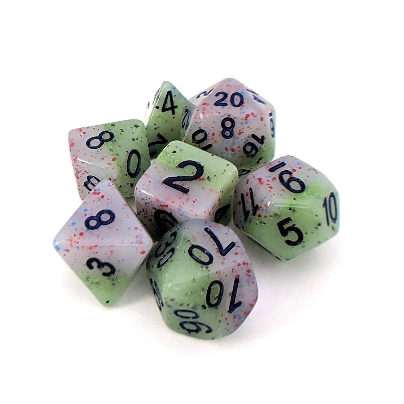 Witch's Robe dice set, pastel purple and green with speckles, full 7 piece set for gaming by HD.