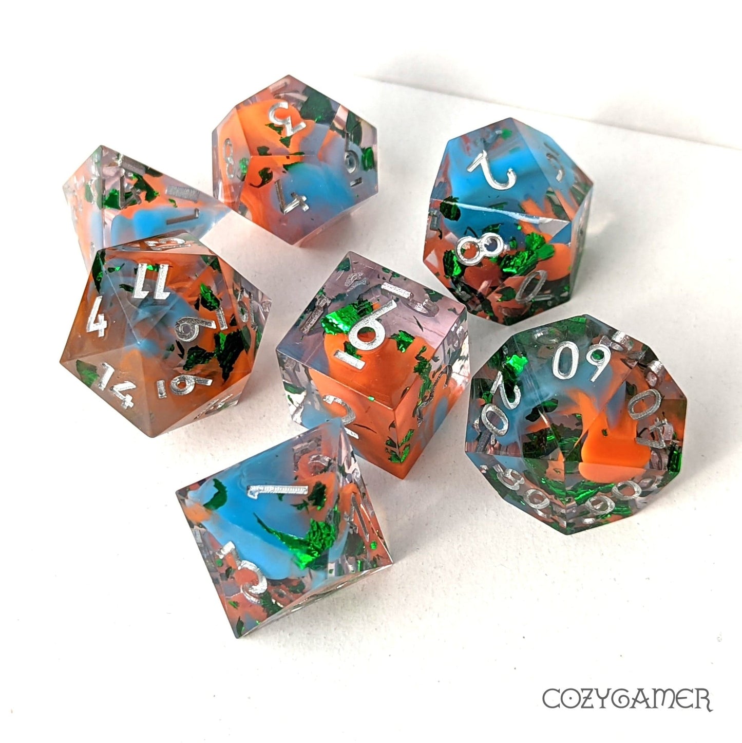 Wizard Robes Sharp Edge Dice Set – 7 - Piece Blue Orange Cloud DnD Dice - Fennek and Finch